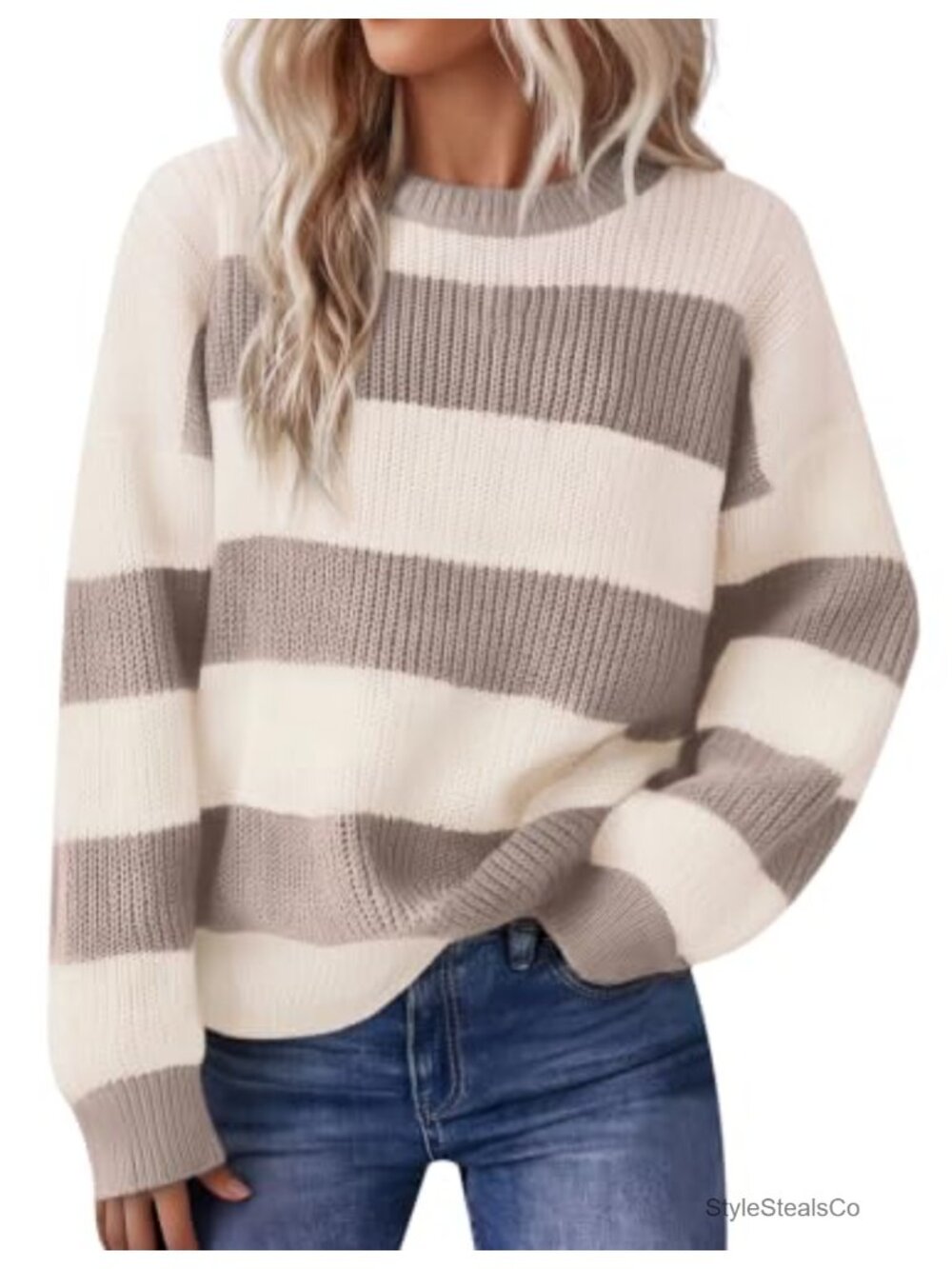 Womens Color Block Striped Knit Pullover Sweater Loose Fit Long Sleeve